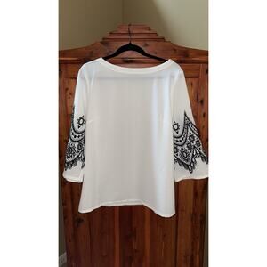 Bob Mackie Embroidered Lace Cut Out Bell Sleeve Pullover Top Size M White NWOT